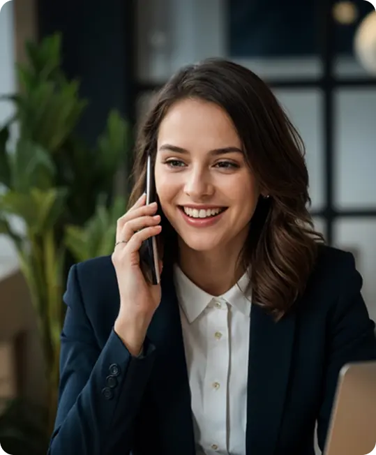 Smiling businesswoman in a blazer talking on a smartphone during work, sitting at a desk in a modern office.