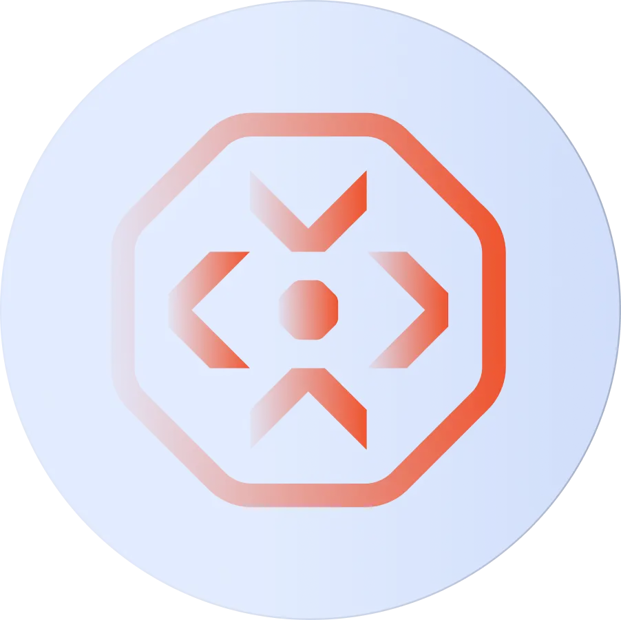 Abstract red icon with four directional arrows and a central dot, symbolizing expansion, connection, or data integration on a blue circular background.