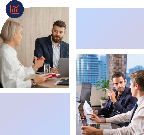 Business meeting collage featuring two separate professional discussions — one with a man and woman in a formal office setting, and another with three men reviewing charts in a corporate boardroom.