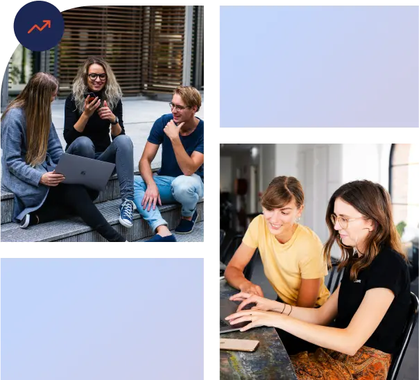 Young professionals collaborating in casual settings — group discussion outdoors with laptop and teamwork indoors on digital projects.